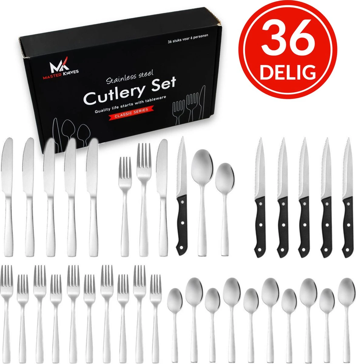 Master Knives 6 Persoons Bestekset (36-delig) - Lepels, Messen, Vorken & Steakmessen - Vaatwasserbestendig - Zilver / RVS 1 Master Knives 6 Persoons Bestekset (36-delig) - Lepels, Messen, Vorken & Steakmessen - Vaatwasserbestendig - Zilver / RVS