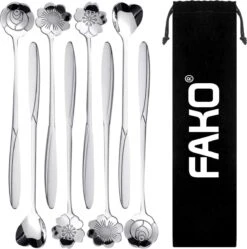 Aanbiedingen Keukengerei Winkel 23 Fako Bijoux® - 8 Lange Lepels Bloem Motief - Latte Macchiato - Longdrink - Cocktail - Dessert - IJs - Koffie - Zilver - 8 Stuks - Bewaarzakje