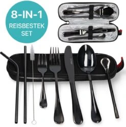 Aanbiedingen Keukengerei Winkel 19 Damster Reisbestek - Verbeterde Versie - Meeneem Bestek Rvs - Reis Bestekset To Go - Incl. Herbruikbare Rietjes - Eenpersoons - Achtdelig - Zwart