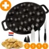 YUGN BLACK Poffertjespan Poffertjesmaker 6 Delige Set - 19 Poffertjes Incl Doseerfles Kwast Poffertjesvork Siliconen Ovenwanten - Platte Onderkant Poffertjespan Inductie Poffertjespan Elektrisch - Cadeau Tip
