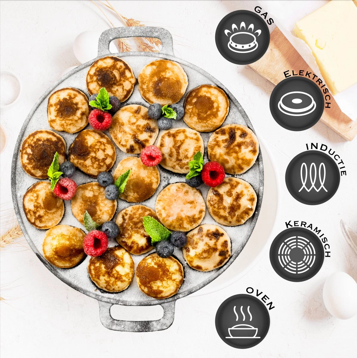 IRONO Poffertjespan Set - Incl. Doseerfles, Kwast En Vork - Poffertjespan Inductie En Electrisch - Poffertjesmaker 19 Poffertjes - Poffertjes Maken - Spuitfles - Cadeau Voor Mannen En Vrouwen 3 IRONO Poffertjespan Set - Incl. Doseerfles, Kwast En Vork - Poffertjespan Inductie En Electrisch - Poffertjesmaker 19 Poffertjes - Poffertjes Maken - Spuitfles - Cadeau Voor Mannen En Vrouwen - Afbeelding 3