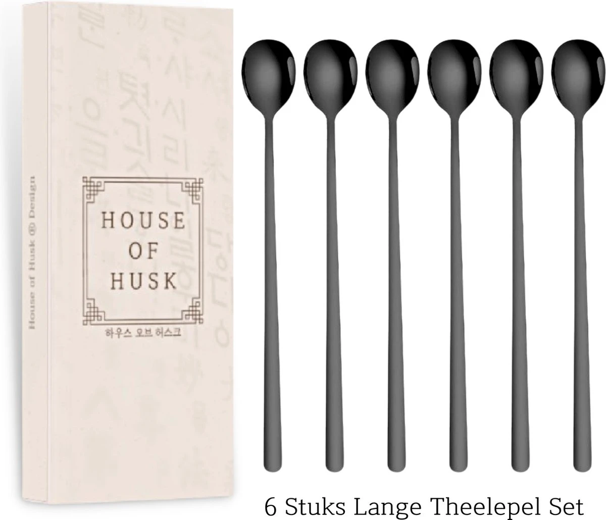 House Of Husk Latte Macchiato Lepels Set - Lange Theelepels - Koffielepels - Longdrinklepels - Sorbetlepels - Barlepel - RVS - 6 Stuks - 20CM - Zwart 7 House Of Husk Latte Macchiato Lepels Set - Lange Theelepels - Koffielepels - Longdrinklepels - Sorbetlepels - Barlepel - RVS - 6 Stuks - 20CM - Zwart - Afbeelding 7