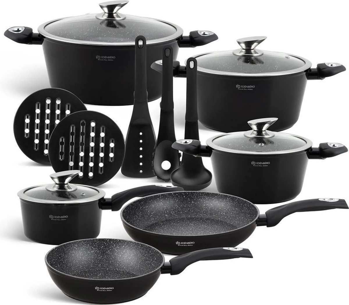Edënbërg Black Line - 15-delige Luxe Pannenset Van Gesmeed Aluminium 1 Edënbërg Black Line - 15-delige Luxe Pannenset Van Gesmeed Aluminium