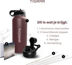 Tigrar - Waterfles Met Rietje - Drinkfles 1 Liter - Thermosfles - RVS - Rood - Incl. Extra Dop, 3 Rietjes En Reiniger -Aanbiedingen Keukengerei Winkel 1200x1093