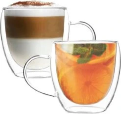 Merkloos Dubbelwandige Theeglazen Met Oor/Handvat – Dubbelwandig Theeglas 250 Ml – Thermische Glazen – Koffieglazen – Glazen Voor Thee, Koffie En Cappuccino – Set Van 2