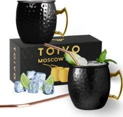 Toivo Moscow Mule Bekers Deluxe 2 Stuks - Zwart - Inclusief RVS Rietjes - 500 Ml - Cocktailglas - Bekers