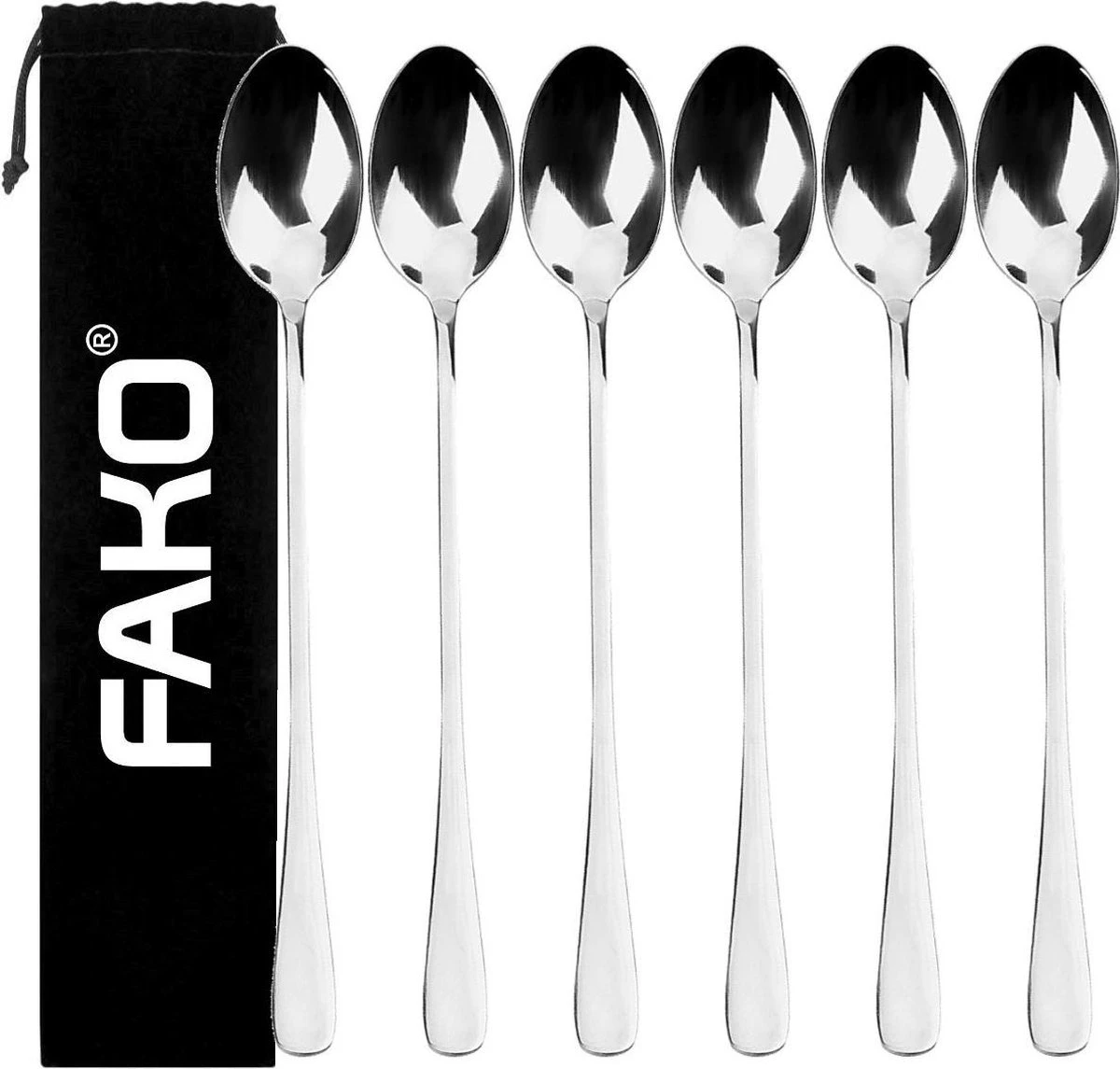 Fako Bijoux® - 6 Lange Lepels - Latte Macchiato - Longdrink - Cocktail - Dessert - IJs - Koffie - Zilver - 6 Stuks - Bewaarzakje 1 Fako Bijoux® - 6 Lange Lepels - Latte Macchiato - Longdrink - Cocktail - Dessert - IJs - Koffie - Zilver - 6 Stuks - Bewaarzakje