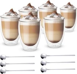 Vaja® Koffieglazen Set – Theeglazen Met Lepel – 350 Ml- Dubbelwandig - Cappuccino Glazen – Latte Macchiato Glazen - Theeglas 6 Stuks