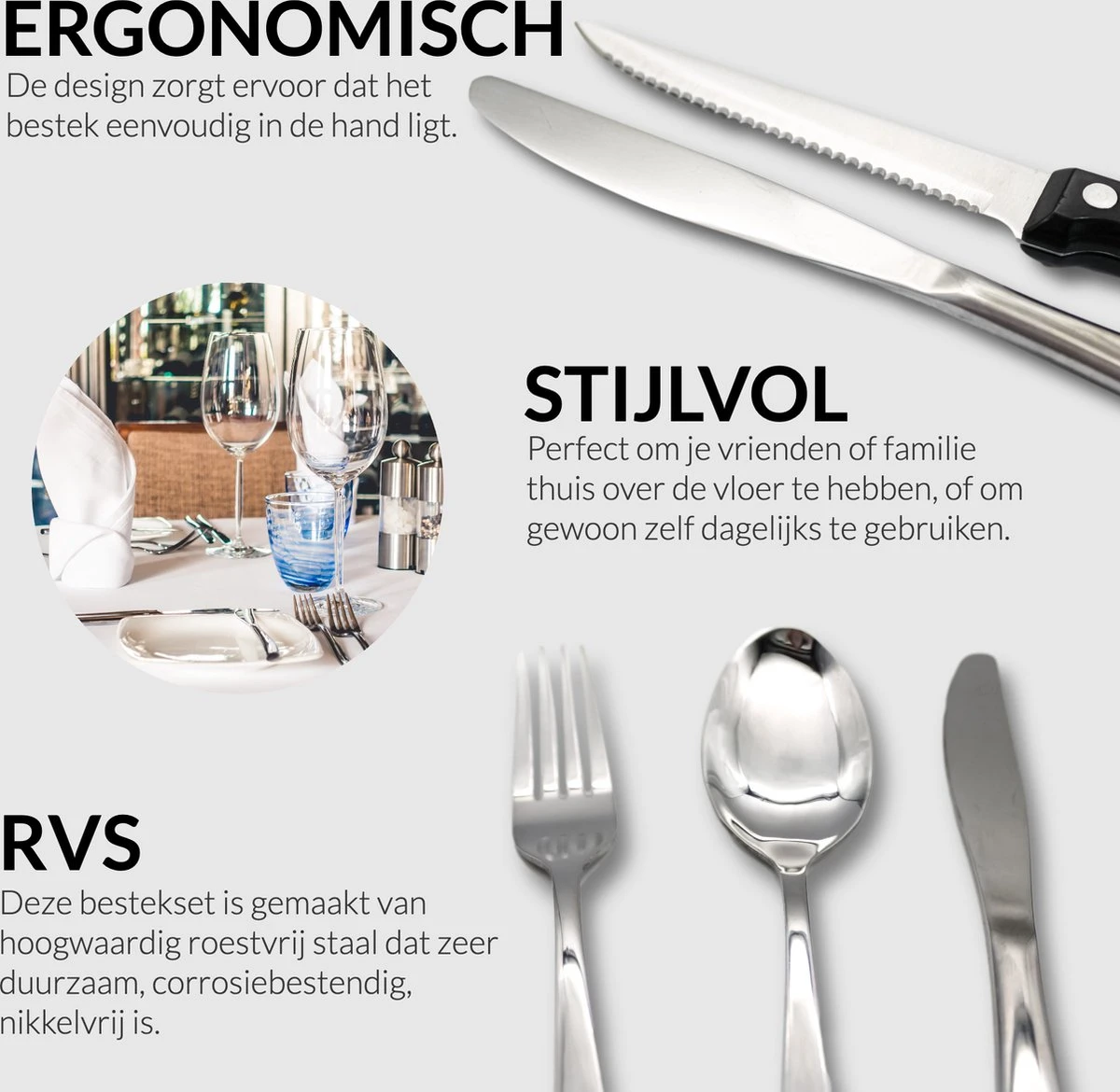 Master Knives 6 Persoons Bestekset (36-delig) - Lepels, Messen, Vorken & Steakmessen - Vaatwasserbestendig - Zilver / RVS 2 Master Knives 6 Persoons Bestekset (36-delig) - Lepels, Messen, Vorken & Steakmessen - Vaatwasserbestendig - Zilver / RVS - Afbeelding 2