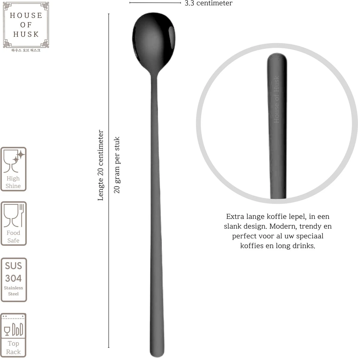 House Of Husk Latte Macchiato Lepels Set - Lange Theelepels - Koffielepels - Longdrinklepels - Sorbetlepels - Barlepel - RVS - 6 Stuks - 20CM - Zwart 2 House Of Husk Latte Macchiato Lepels Set - Lange Theelepels - Koffielepels - Longdrinklepels - Sorbetlepels - Barlepel - RVS - 6 Stuks - 20CM - Zwart - Afbeelding 2