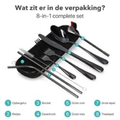 Damster Reisbestek - Verbeterde Versie - Meeneem Bestek Rvs - Reis Bestekset To Go - Incl. Herbruikbare Rietjes - Eenpersoons - Achtdelig - Zwart -Aanbiedingen Keukengerei Winkel 1200x1200 64