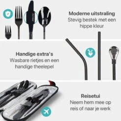 Damster Reisbestek - Verbeterde Versie - Meeneem Bestek Rvs - Reis Bestekset To Go - Incl. Herbruikbare Rietjes - Eenpersoons - Achtdelig - Zwart -Aanbiedingen Keukengerei Winkel 1200x1200 68