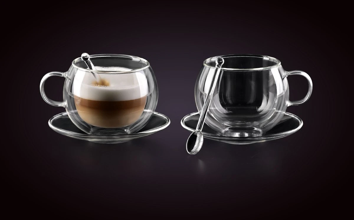 Affekdesign - Dubbelwandige Glazen Met Schotel & Lepel - 250 Ml - Set Van 2 - Koffieglazen - Theeglas - Cappuccino Glazen - Latte Macchiato Glazen - Glas 1 Affekdesign - Dubbelwandige Glazen Met Schotel & Lepel - 250 Ml - Set Van 2 - Koffieglazen - Theeglas - Cappuccino Glazen - Latte Macchiato Glazen - Glas