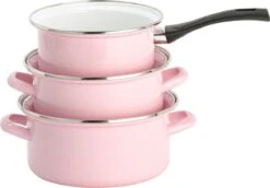 Lite-Body Pannenset - 3-delig - 2 Kookpannen & 1 Steelpan - Emaille - Serafijn Roze -Aanbiedingen Keukengerei Winkel 1200x836