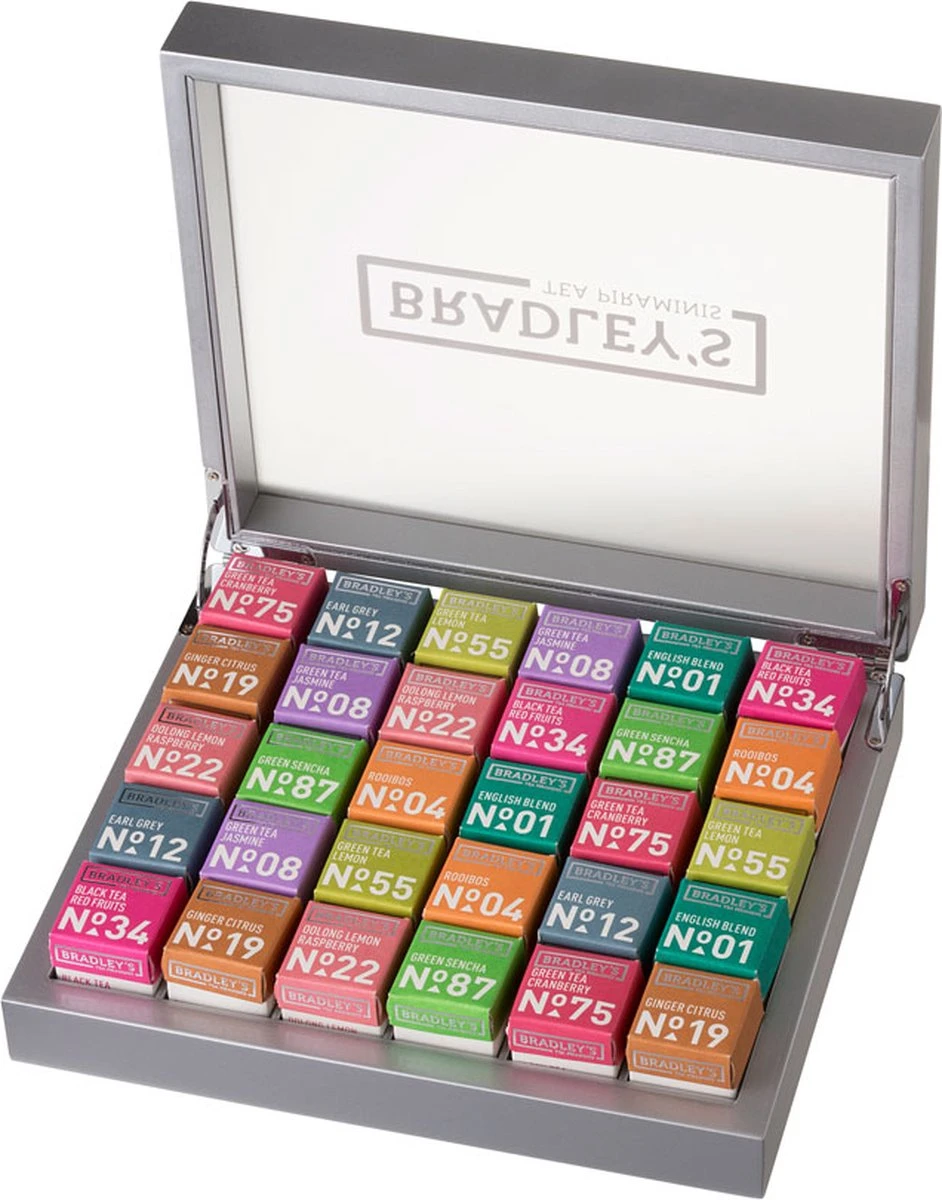 Bradley's Fairtrade - Luxe Piramini 30-vaks Theekist - Theedoos - 11 Theesoorten + 30 Stuks GEVULD 1 Bradley's Fairtrade - Luxe Piramini 30-vaks Theekist - Theedoos - 11 Theesoorten + 30 Stuks GEVULD